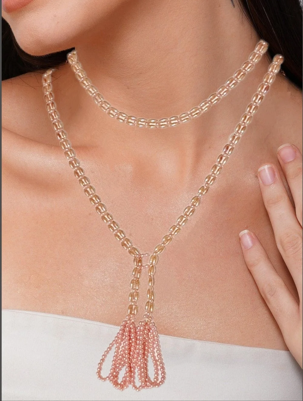 Iradescent Pink Beaded Infinity Necklace